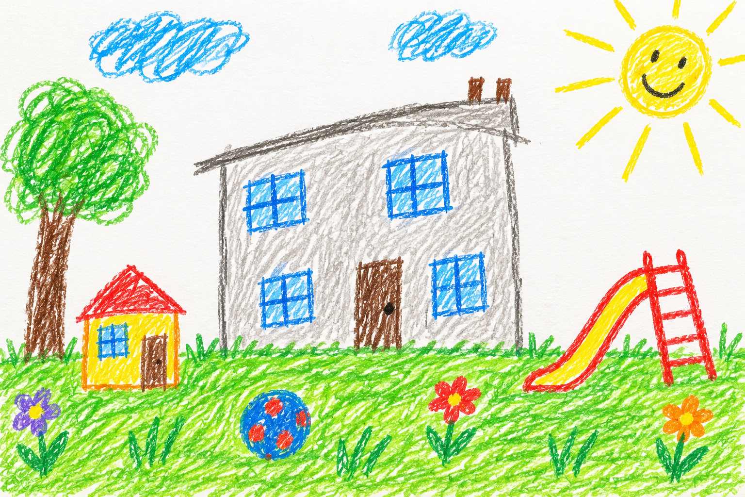 Fröhliche Kinderzeichnung eines Hauses mit offenem Garten, Spielhaus und Rutsche