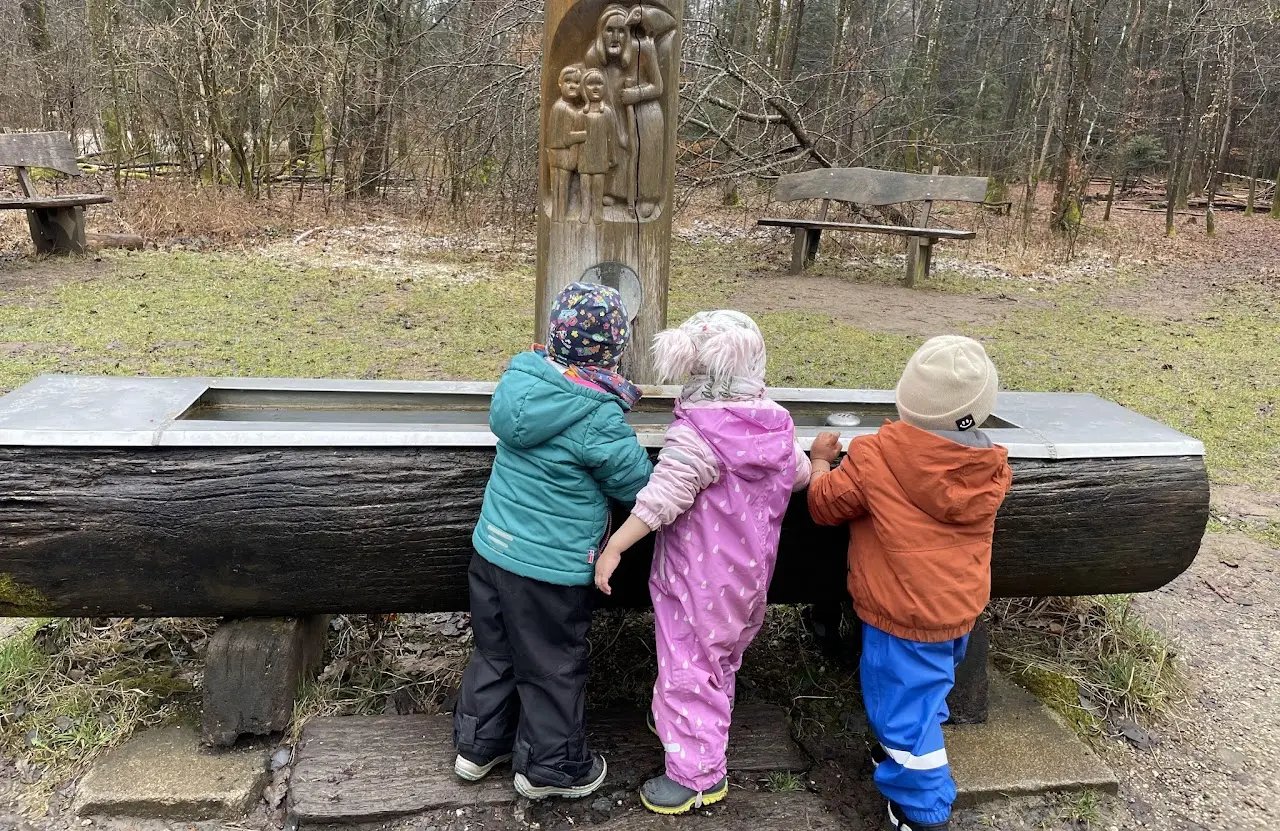 Drei Kinder entdecken gemeinsam einen Wald-Erlebnisort
