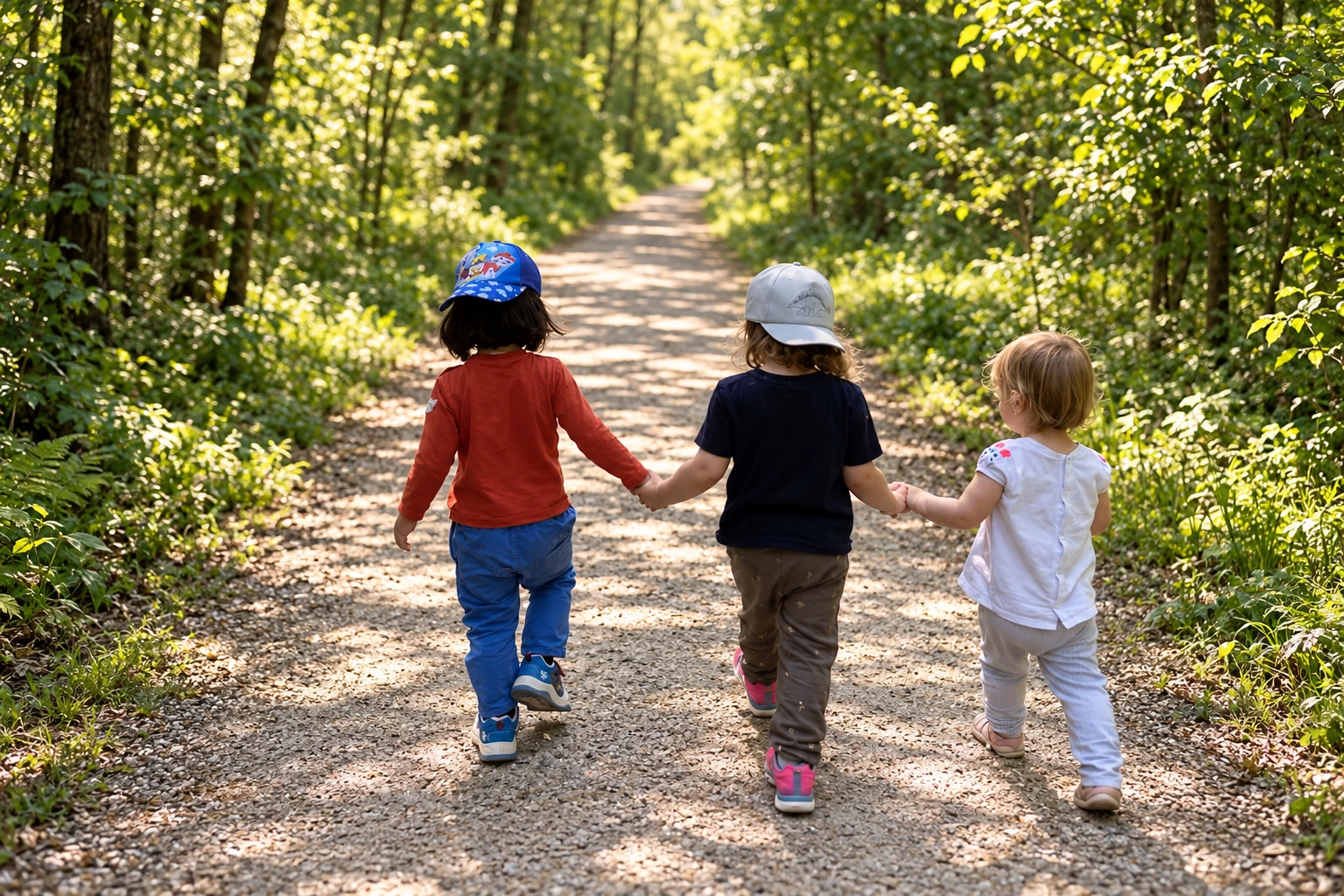 Drei Kinder gehen Hand in Hand durch den Wald